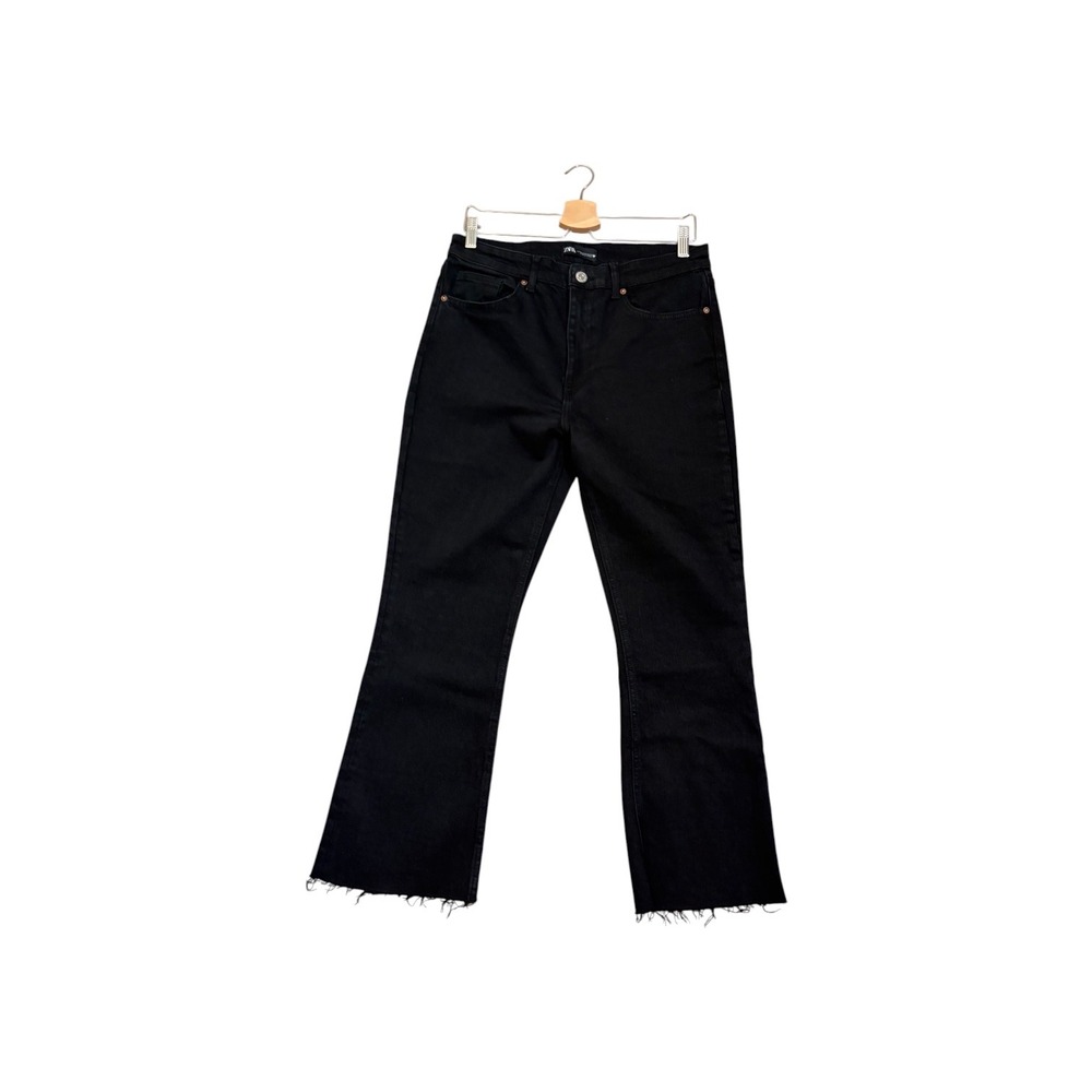 Zara Jeans Womens Size 12 Black High Waisted Flare Raw Hem Denim Pants Flare Leg